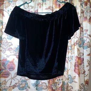 Blue off the shoulder velvet crop top.